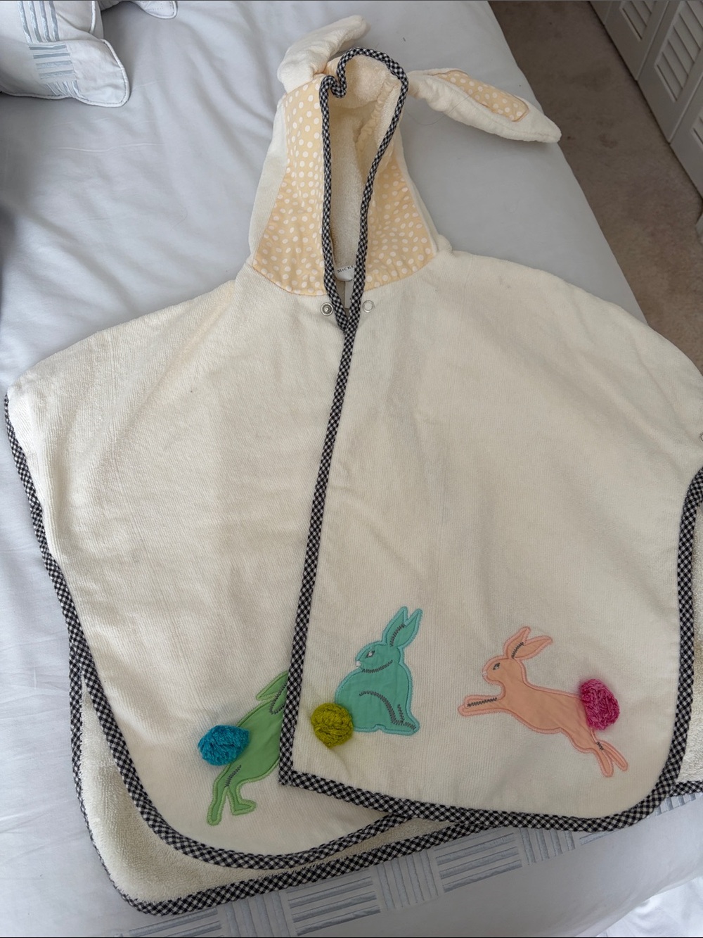 MacKenzie-Childs Cream Bunny Hooded Poncho with Pastel Appliqués